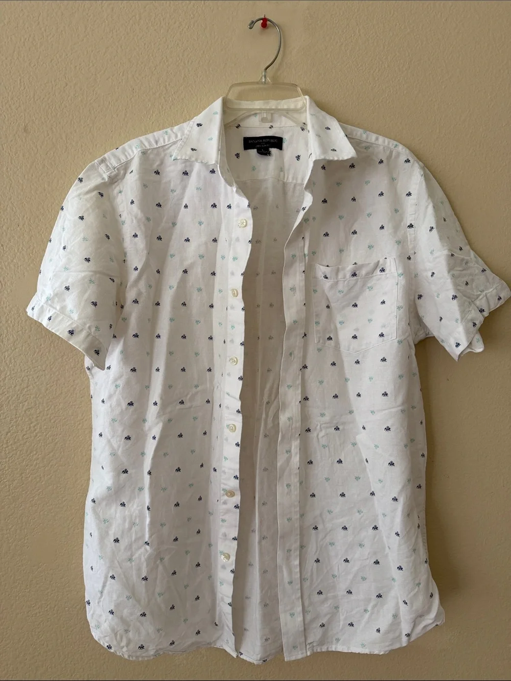 Banana Republic White Short-Sleeve Button-Down with Navy & Teal Micro Print